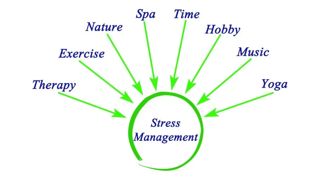 image avec le mot stress au centre et entouré avec des flèches qui partent autour et des mots de solutions anti stress : thérapie, exercice, nature, spa, temps, loisirs, musique, yoga