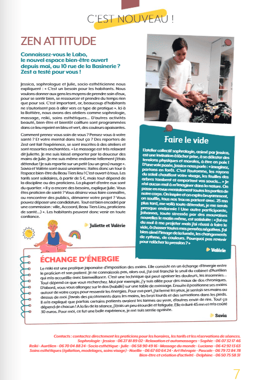 extrait d'un article du journal de quartier Bottière Nantes sur l'ouverture d'un espace bien-être solidaire où exerce Jessica Beauchamp