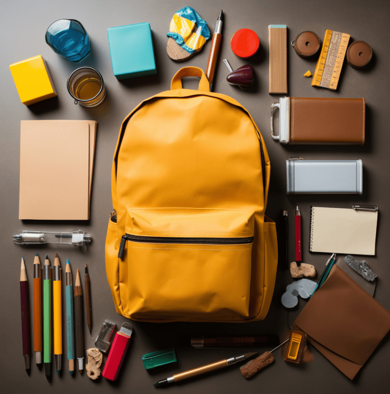 photo d'un sac à dos marron clair avec une pochette basse à l'avant. Autour on retrouve des carnets, des crayons, post-it...